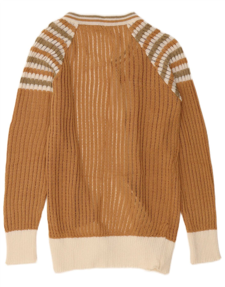 Vintage Womens Open Cardigan Sweater UK 10 Lille brun stribet polyamid