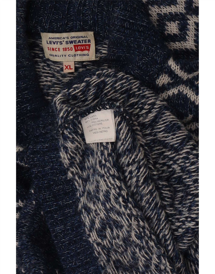 Levi's Herre Turtle Neck Jumper Sweater XL Blue Fair Isle Wool