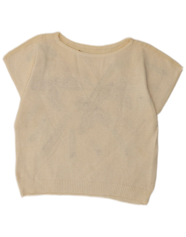 Vintage Dame Crop Bluse Top UK 14 Medium Off White Floral