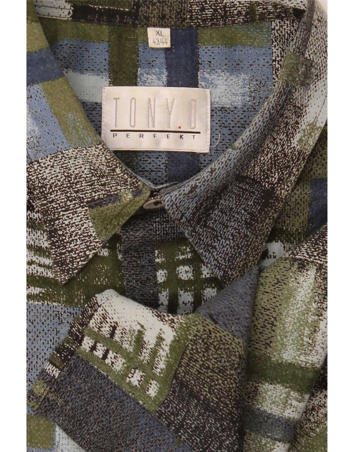 Vintage kortærmet herreskjorte XL Grøn Patchwork
