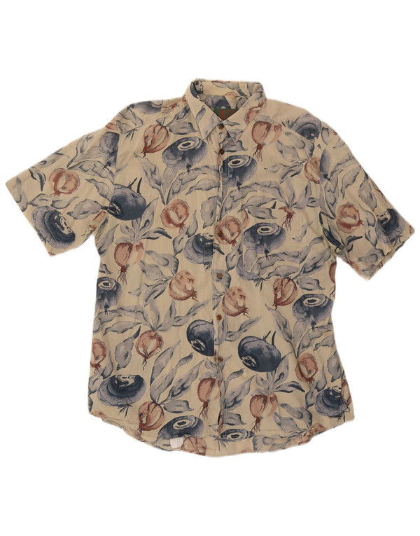 Vintage herre abstrakt mønster kortærmet skjorte stor beige bomuld