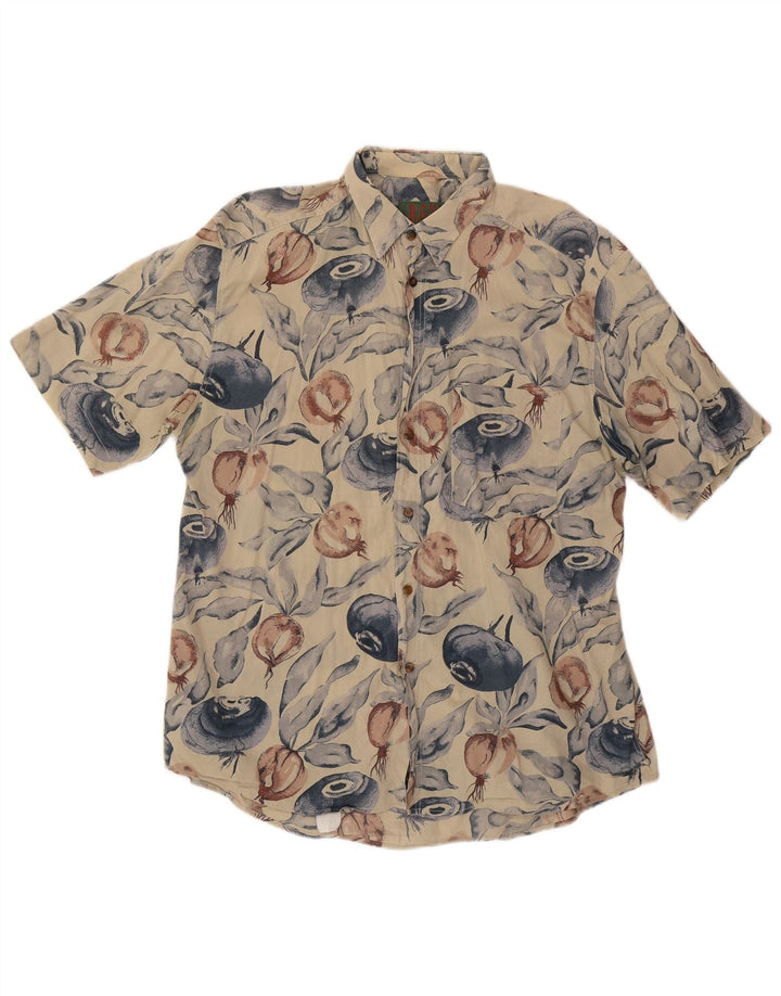 Vintage herre abstrakt mønster kortærmet skjorte stor beige bomuld