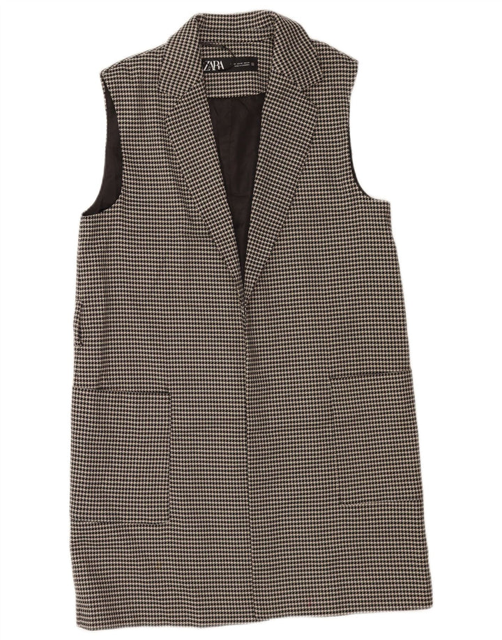 Zara Dame Longline ærmeløs blazerjakke UK 6 XS Black Houndstooth