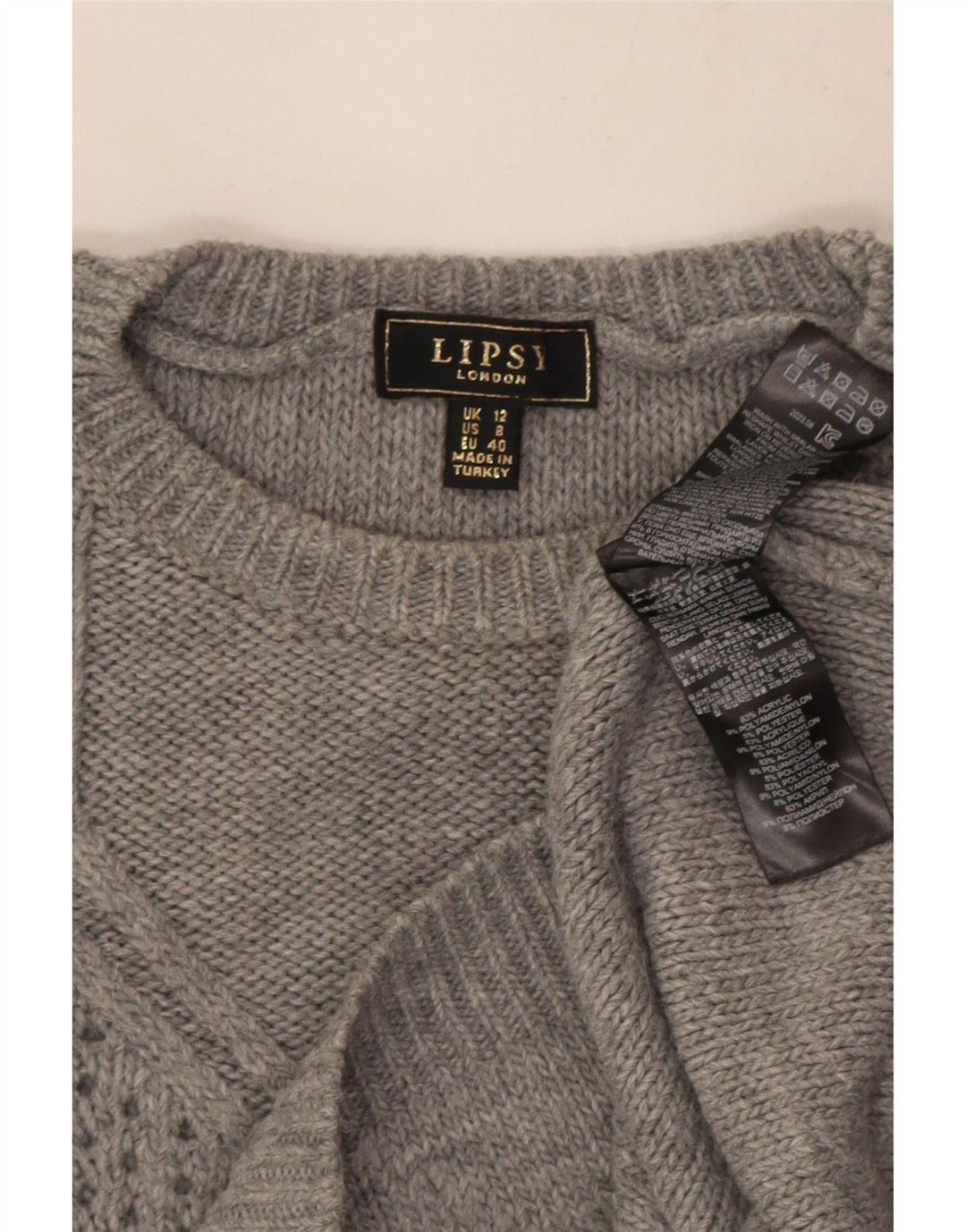 Lipsy Dame Crew Neck Jumper Sweater UK 12 Medium Grå Akryl