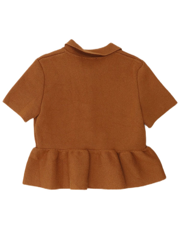 Zara Dame Kortærmet Cardigan Top UK 14 Stor Brun Bomuld