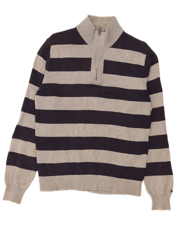Tommy Hilfiger Mens Zip Neck Jumper Sweater Medium Grey Striped Cotton