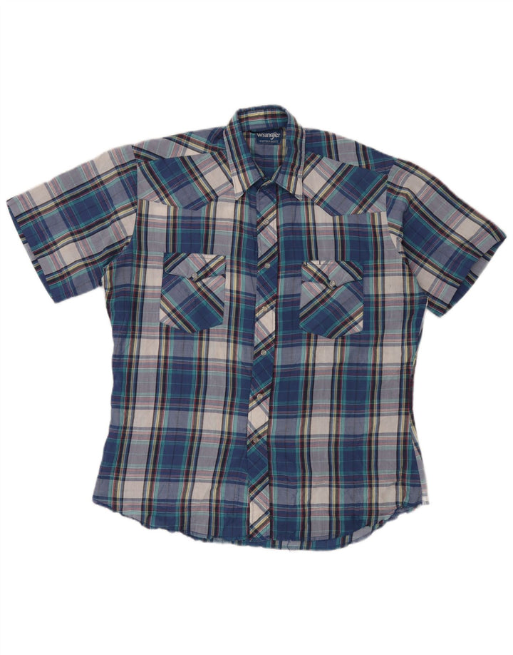 Wrangler Herre Kortærmet Flæse Front Skjorte Stor Blå Plaid