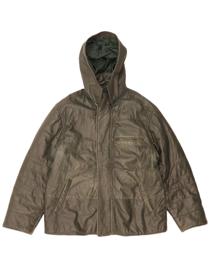 Morris Herre Hooded Læderjakke IT 52 XL Grønt Læder