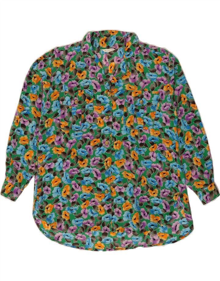VINTAGE skjortebluse til kvinder EU 36 Lille flerfarvet blomstersilke