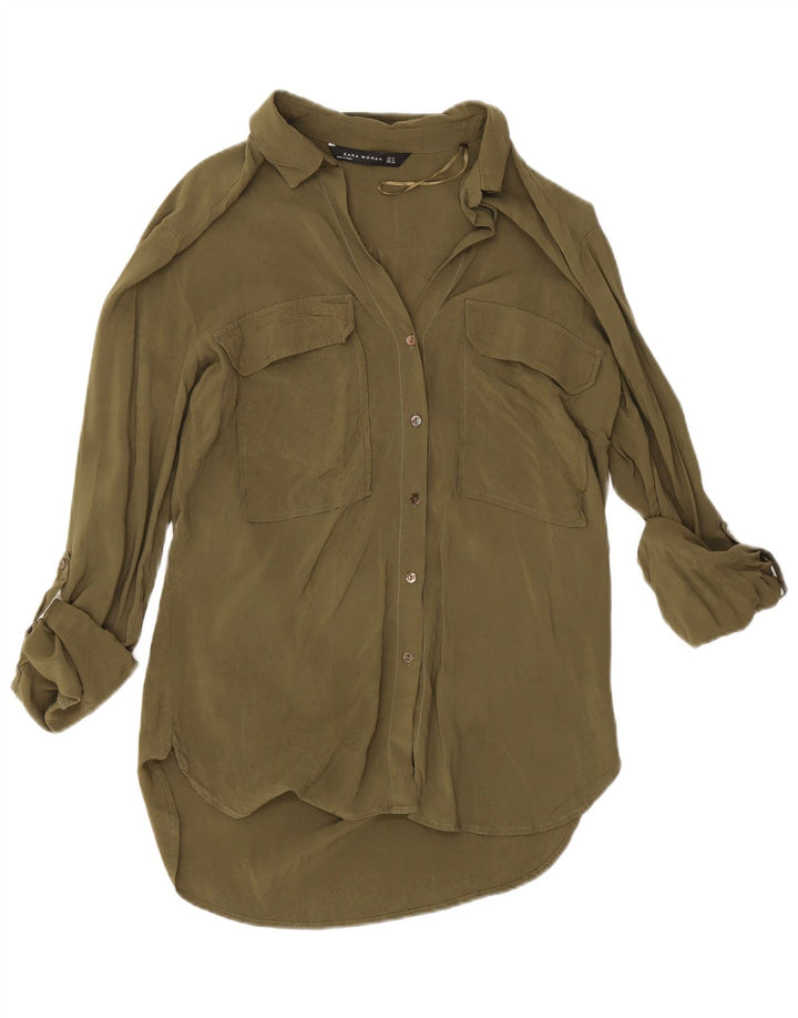 Zara Dame Longline Shirt Bluse UK 14 Medium Khaki