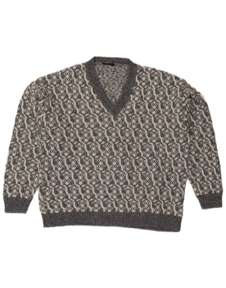 Vintage herre V-hals sweater stor grå geometrisk uld