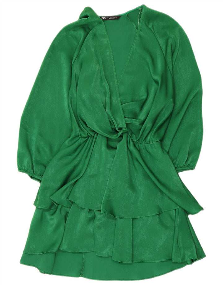 Zara Dame 3/4-ærmet Tiered Dress UK 10 Small Green Polyester