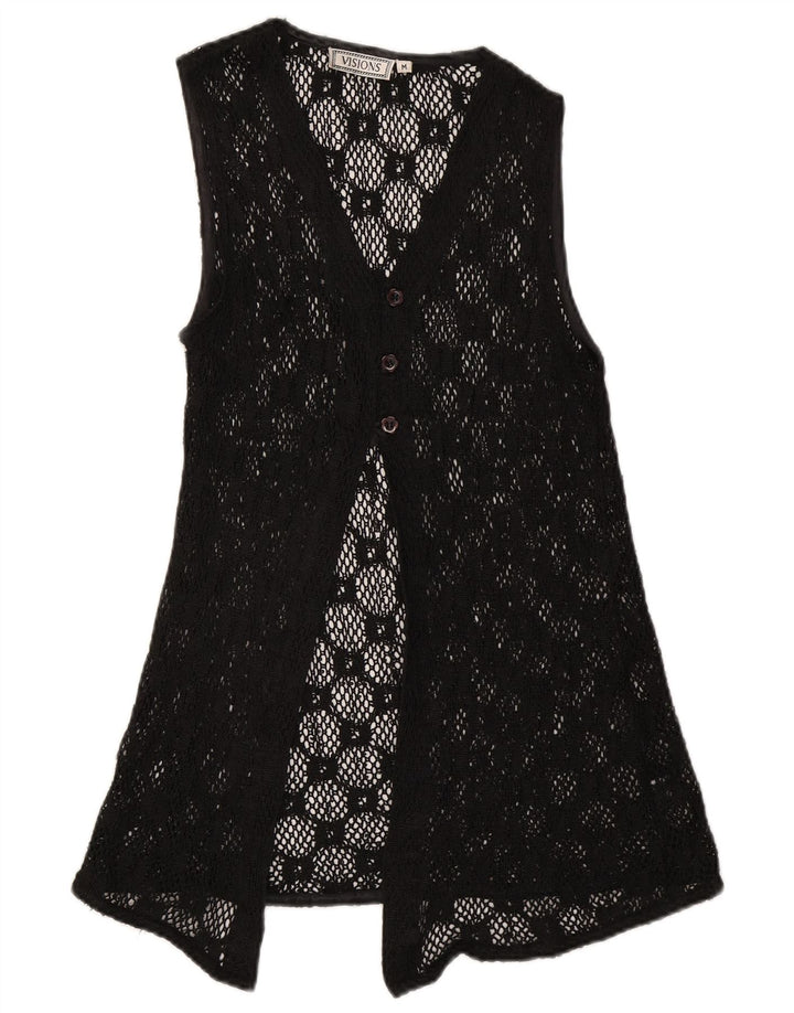 Vintage Dame Ærmeløs Se Through Cardigan Top UK 12 Medium Black