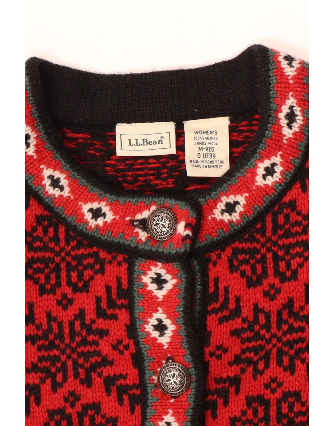 L.L.Bean Dame Cardigan Sweater UK 14 Medium Red Fair Isle Wool