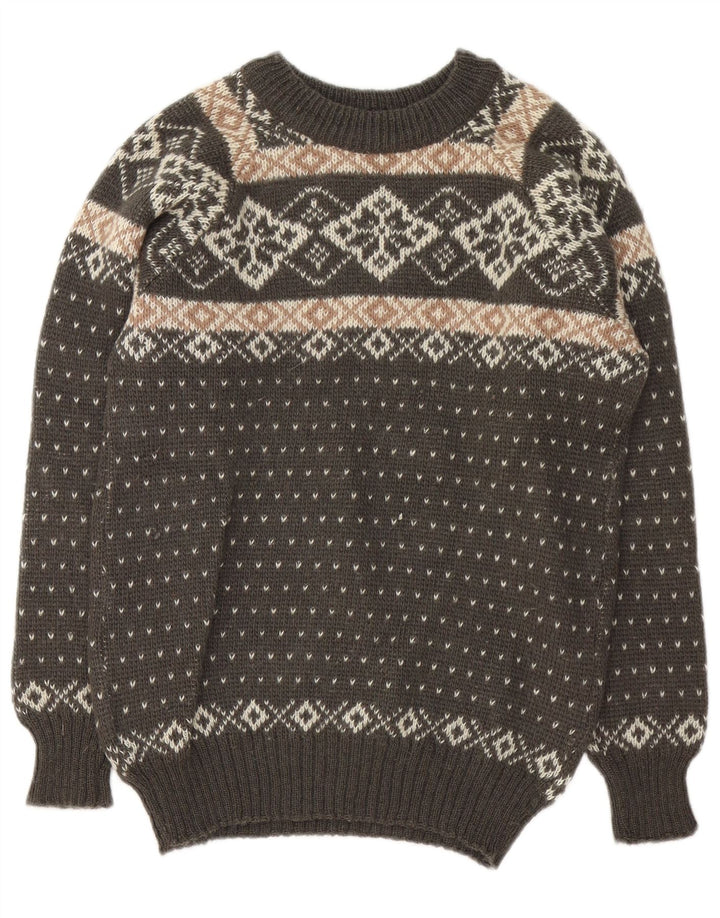 Vintage herre sweater med rund hals, lille brun Fair Isle