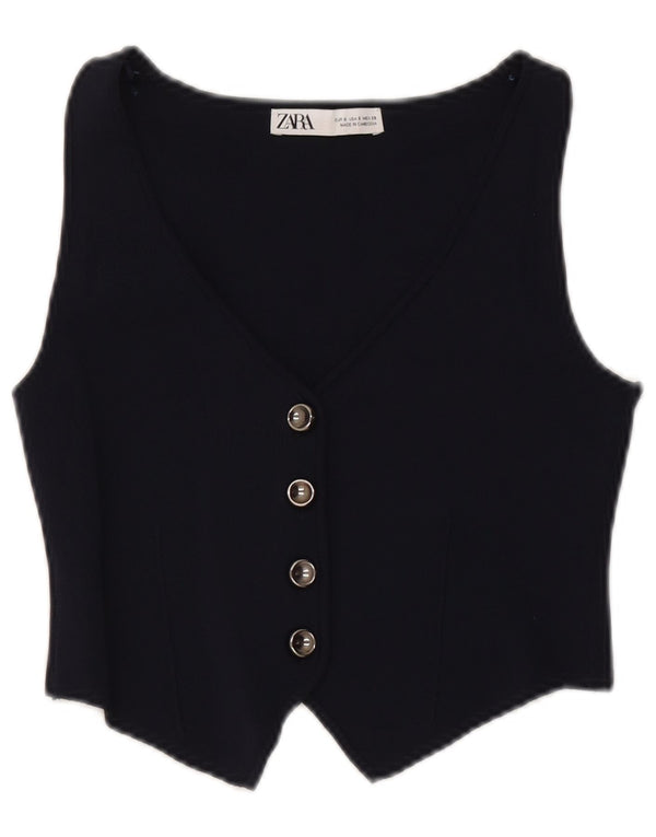 Zara Womens Crop Knit Waistcoat UK 10 Small Navy Blue
