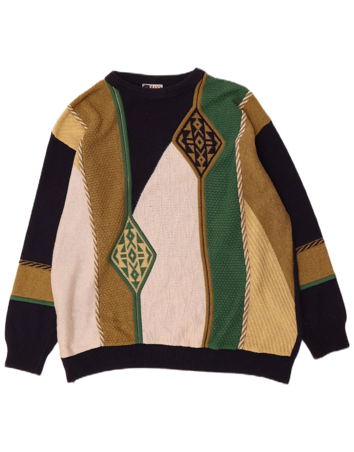 Vintage herre sweater med rund hals XL flerfarvet farveblok