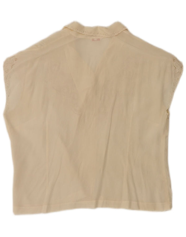 Vintage ærmeløs skjortebluse til kvinder EU 40 Medium Off White Floral Silke