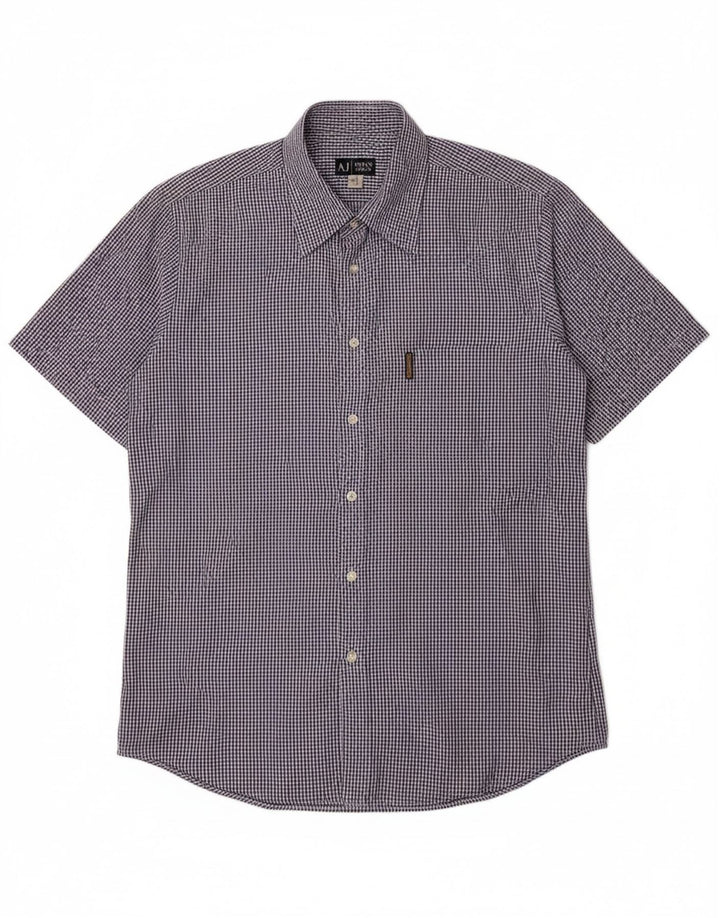 ARMANI Mens Short Sleeve Shirt Large Blue Gingham Cotton