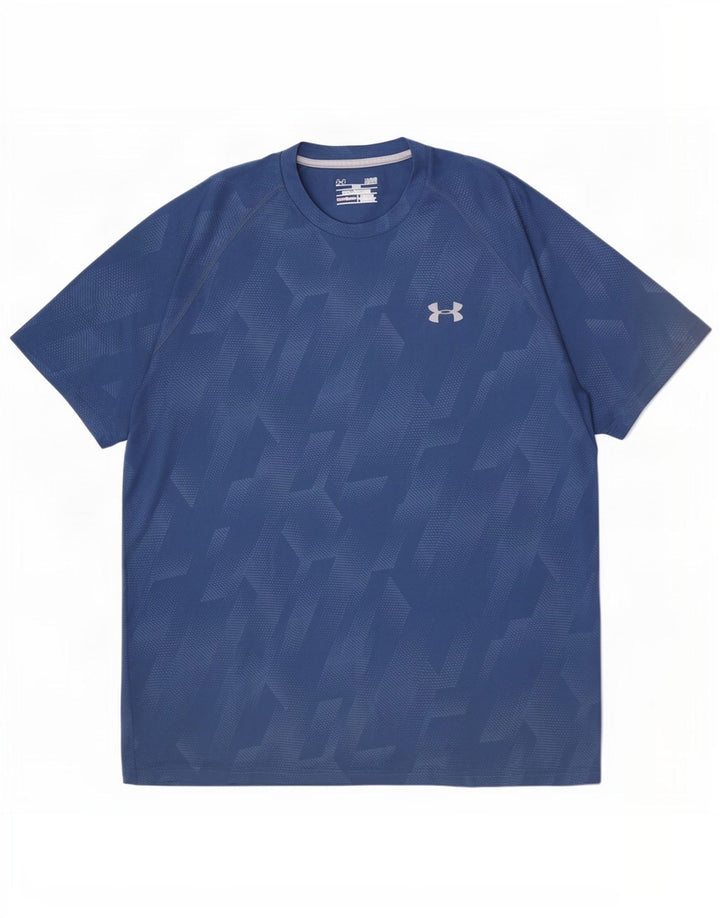 Under Armour Herre Heat Gear T-Shirt Top Stor Marineblå Geometrisk Polyester