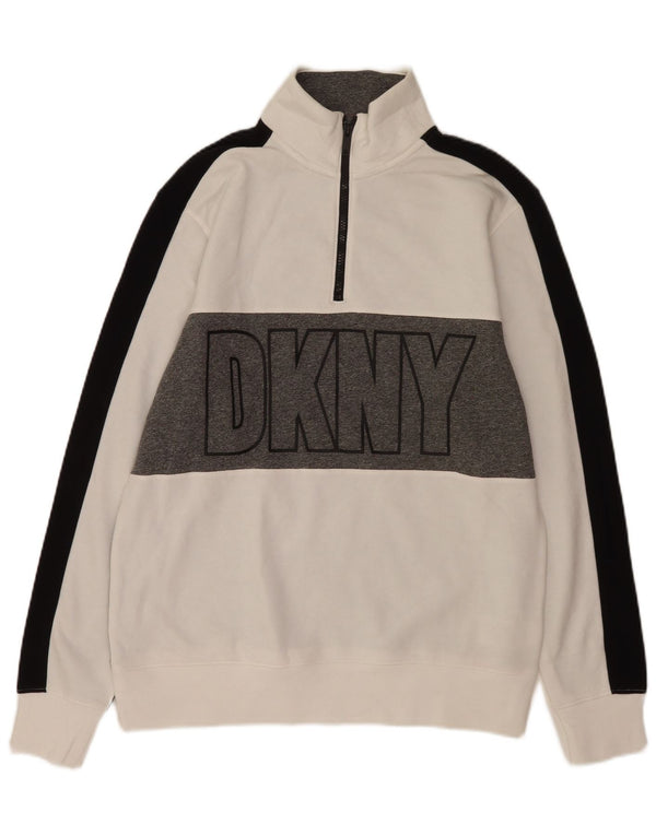 Dkny Herre Grafisk Zip Neck Sweatshirt Jumper Small White Colourblock Bomuld