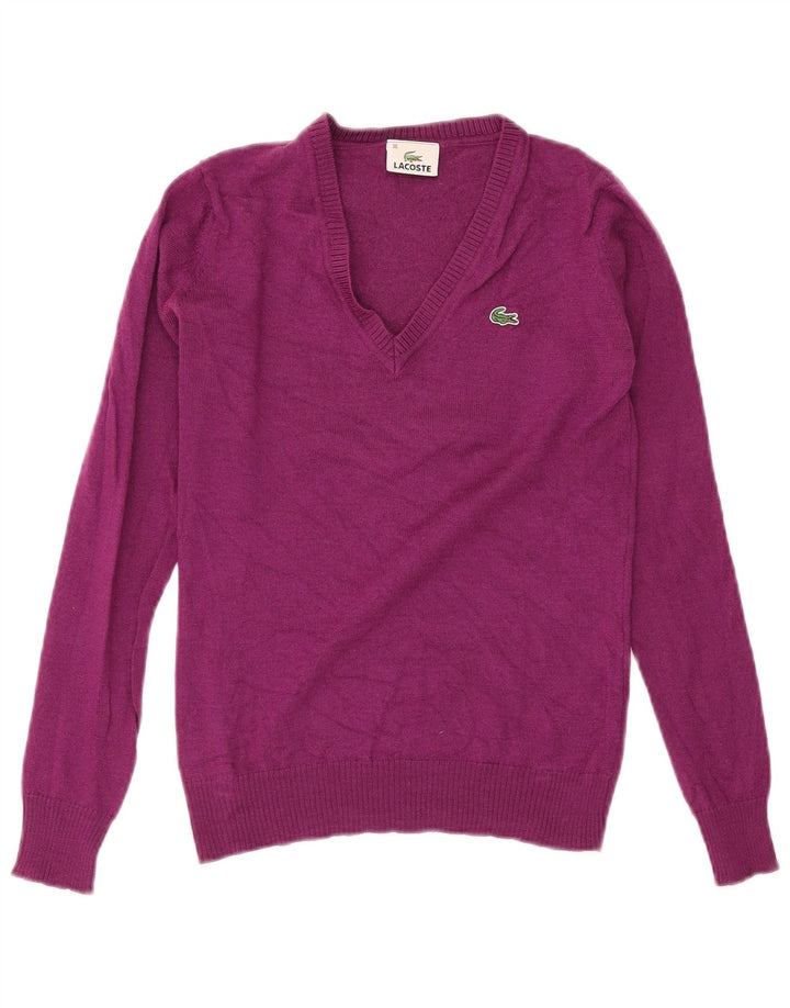 Lacoste dame sweater med V-hals str. 36 Lille lilla uld