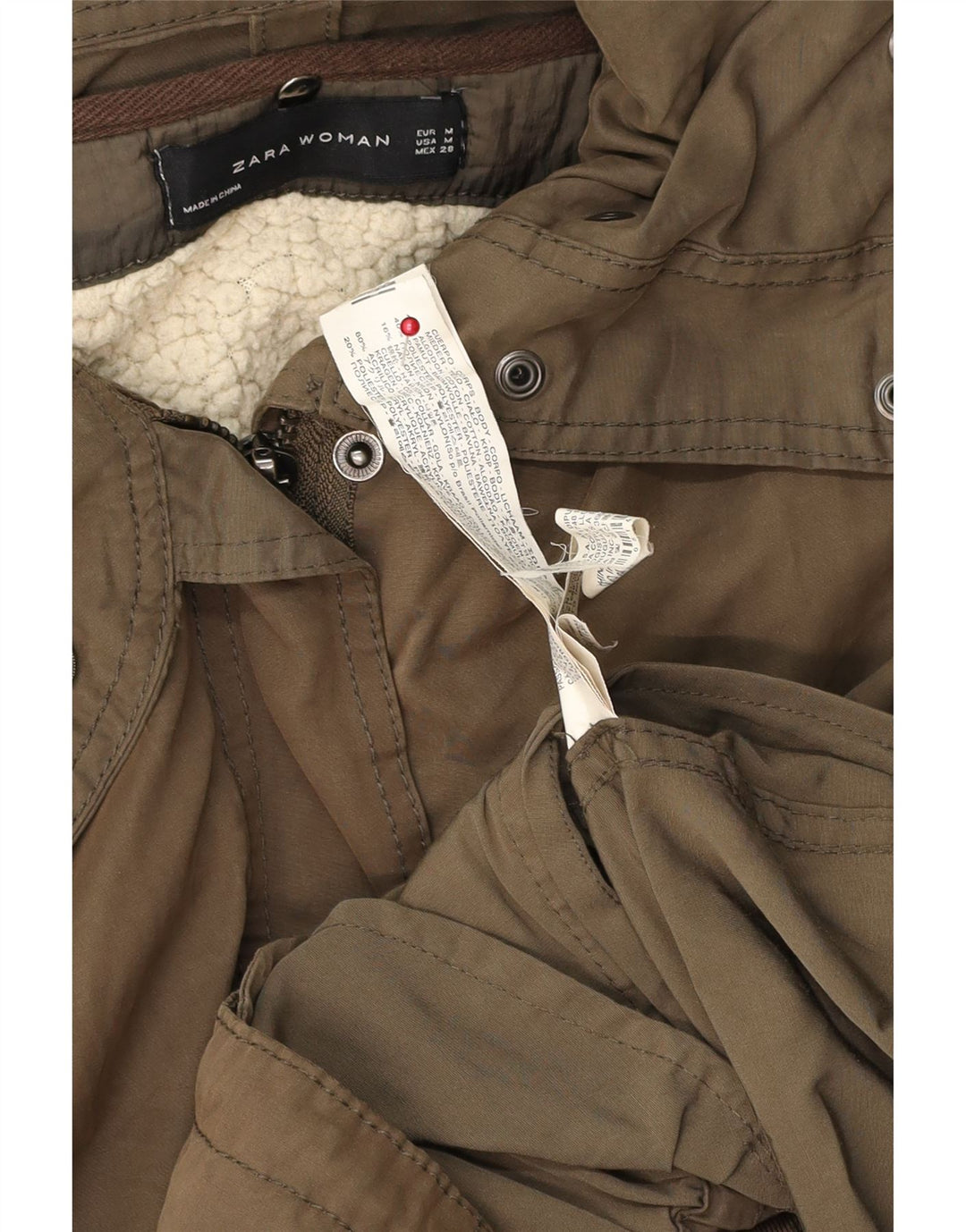 Zara Militærjakke med hætte til kvinder UK 14 Medium Khaki Bomuld