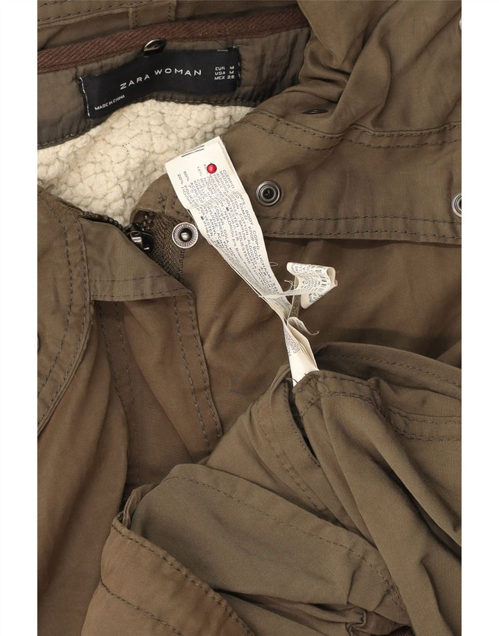 Zara Militærjakke med hætte til kvinder UK 14 Medium Khaki Bomuld