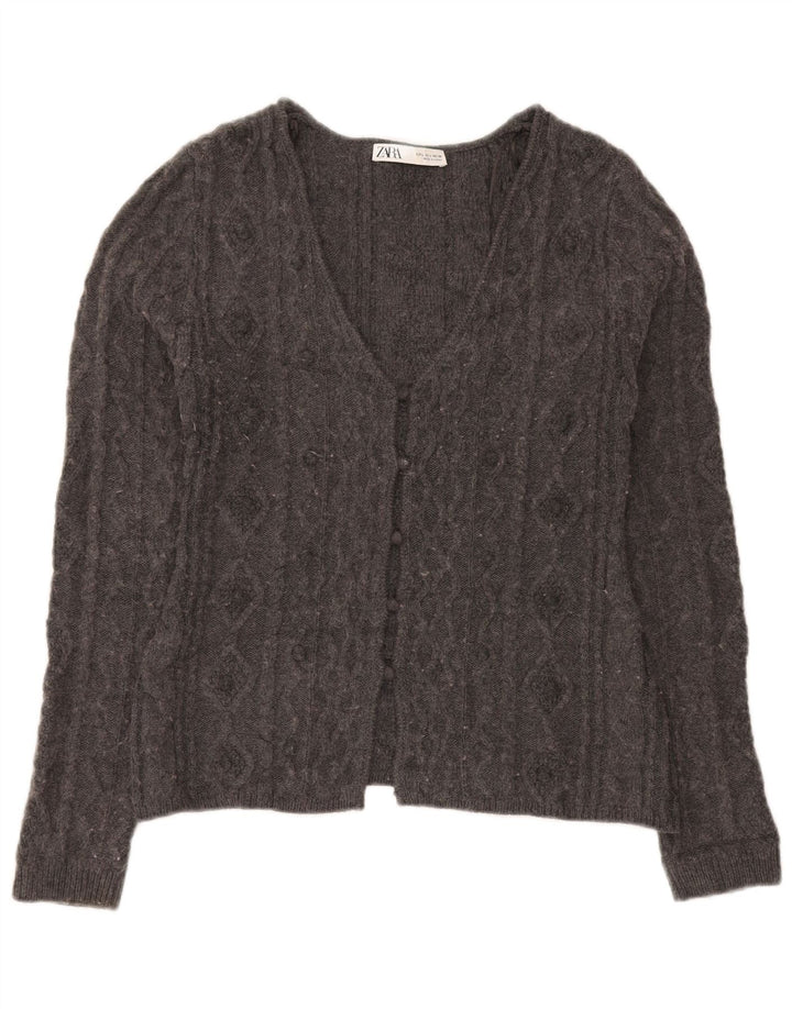 Zara Dame Cardigan Sweater UK 14 Stor Grå Akryl
