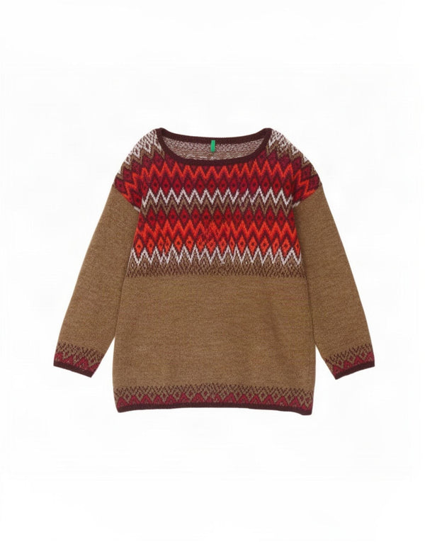 Benetton Womens Boat Neck Jumper Sweater UK 16 Large Beige Argyle/Diamond