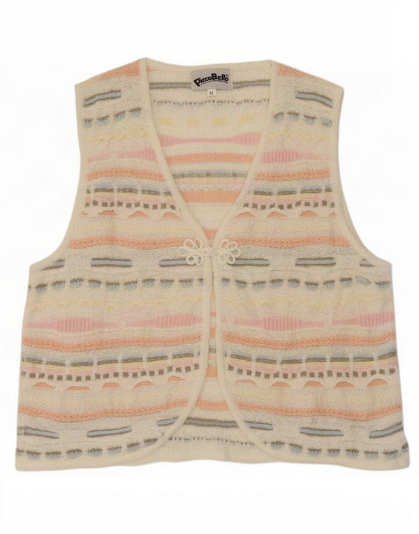 Vintage damestrikket vest UK 14 Medium hvid geometrisk akryl