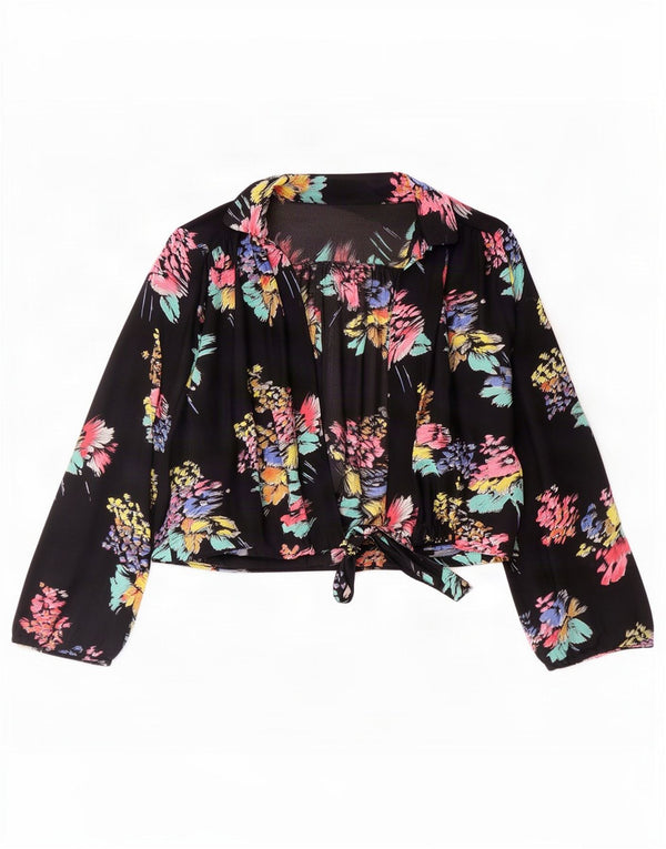 Vintage Womens Crop Shirt Bluse UK 16 Large Black Floral