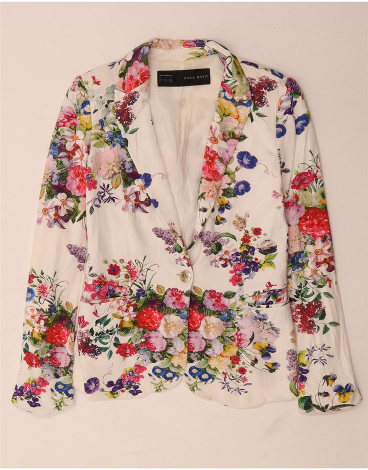 Zara Dame 1 Knap Blazer Jacket UK 10 Small White Floral Viscose