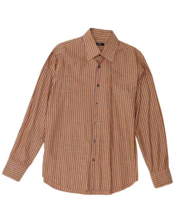Hugo Boss Mens Shirt Size 42 16 1/2 Large Brown Pinstripe Cotton