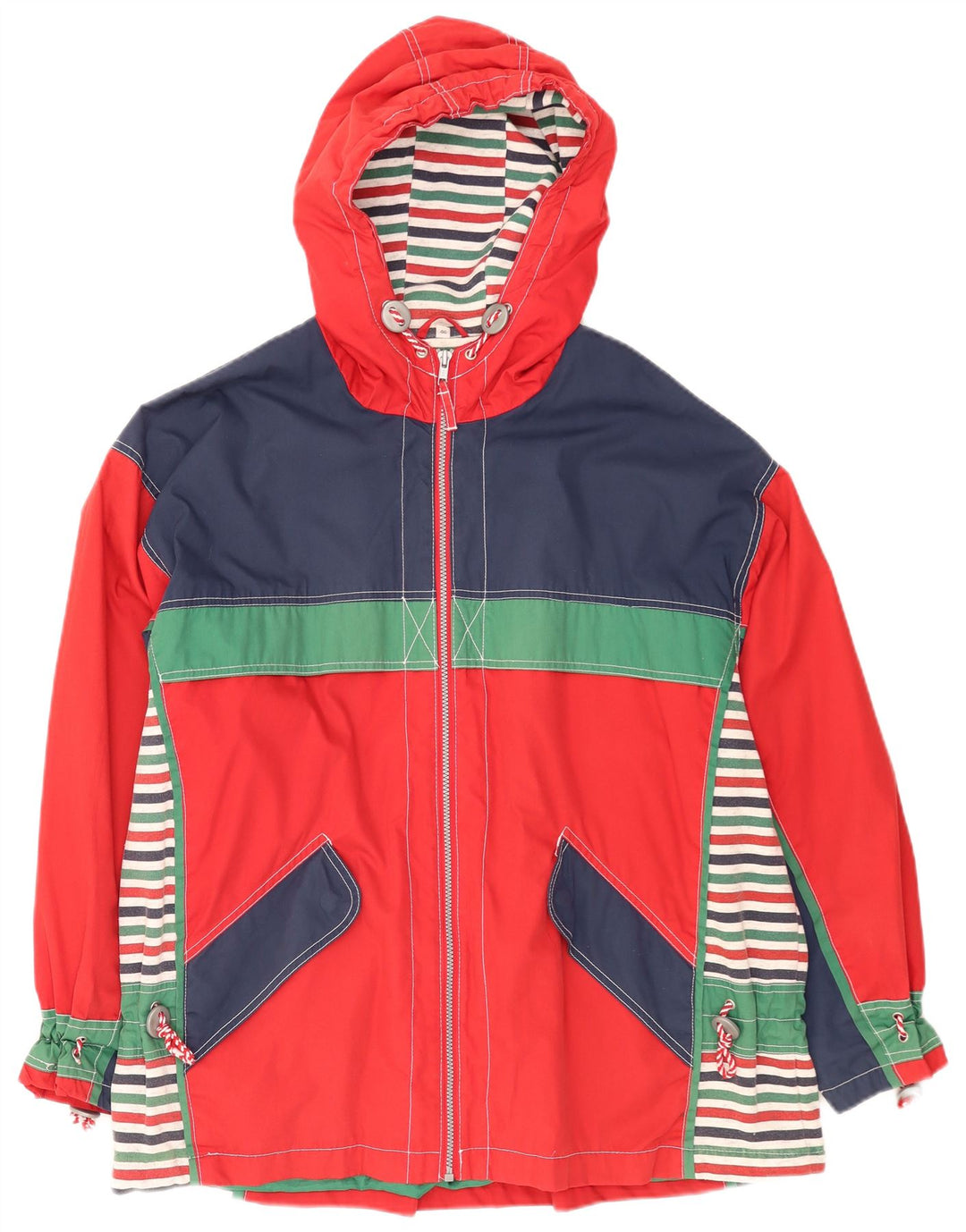 Vintage Dame Hætte Oversized Windbreaker Jacket EU 46 XL Rød Colourblock