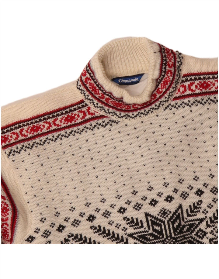 CAMPAGNOLO Herre Turtle Neck Jumper Sweater Medium White Fair Isle Wool