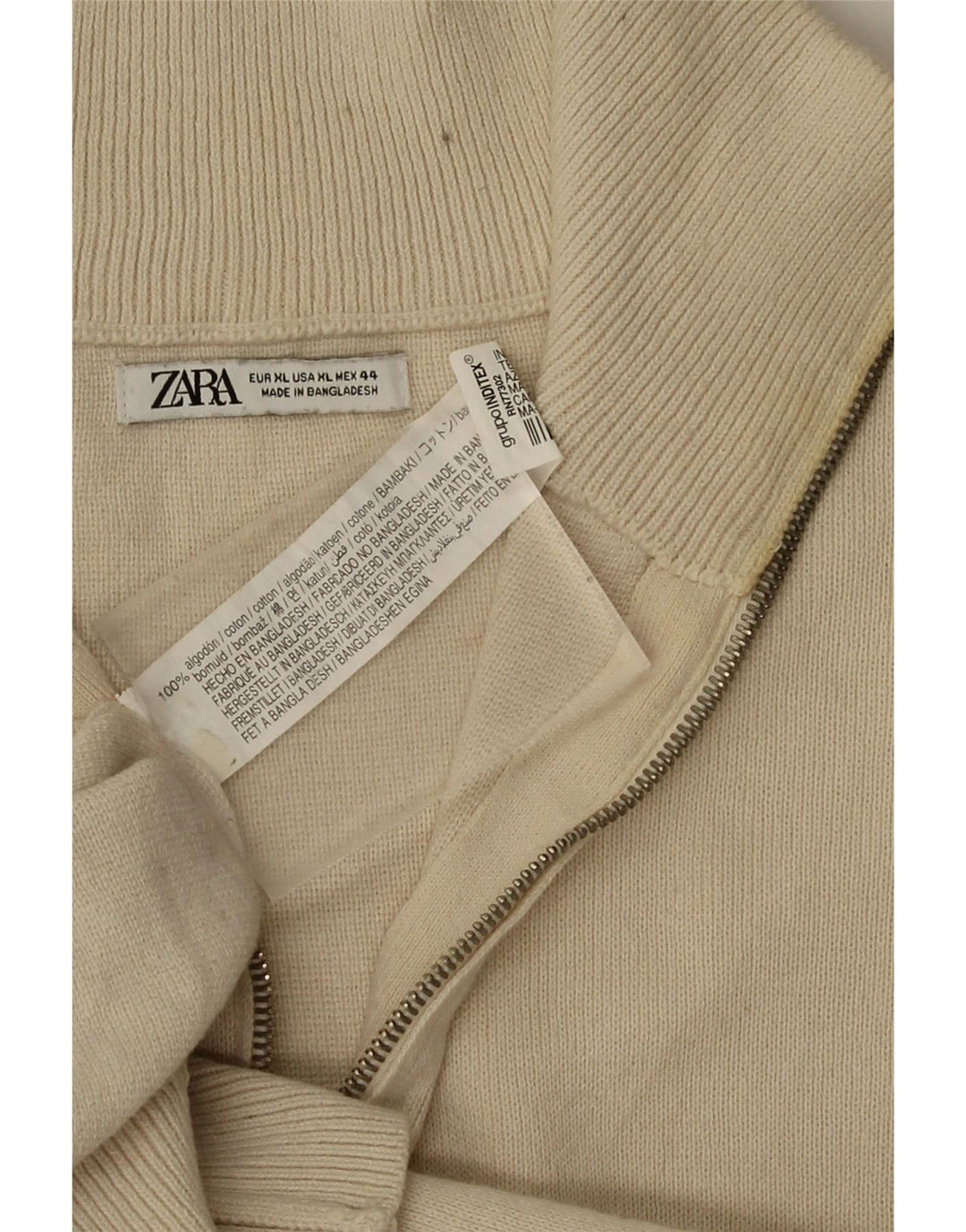 Zara Herre Zip Neck Jumper Sweater XL Beige Bomuld