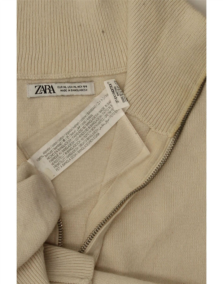 Zara Herre Zip Neck Jumper Sweater XL Beige Bomuld