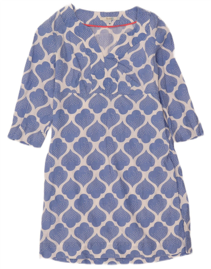 Boden Dame Abstrakt Mønster 3/4 Ærmet A-Line Kjole UK 8 Small Blue Linen