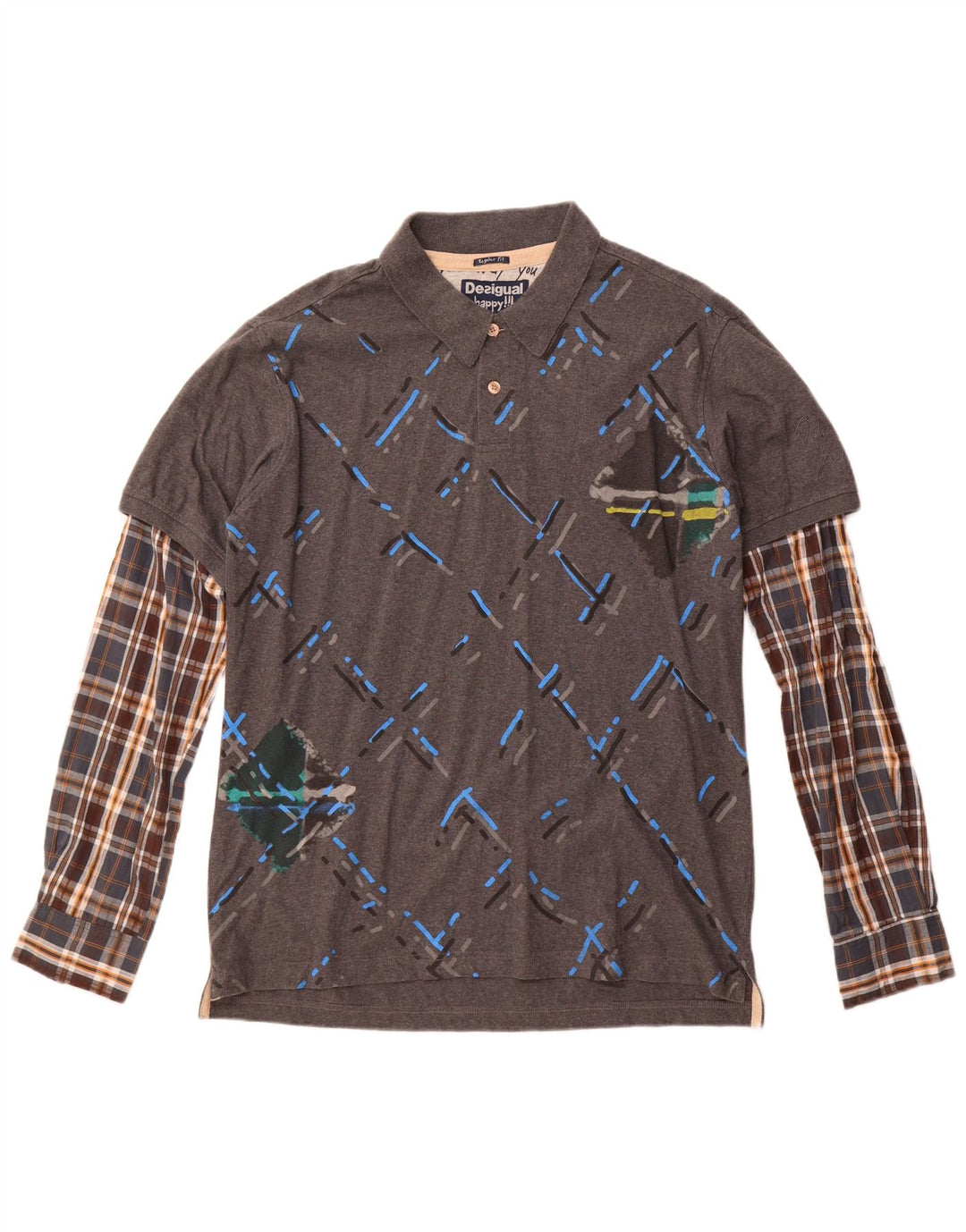 Desigual Langærmet Regular Polo Shirt til mænd XL Grå ternet bomuld