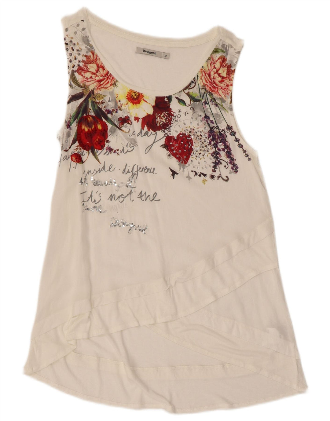 Desigual Dame Grafisk Tunika Top UK 12 Medium White Floral Viscose