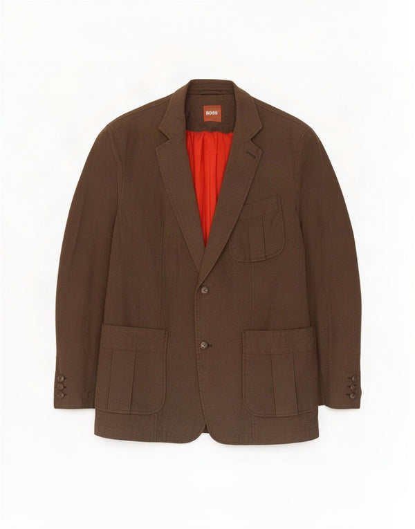Hugo Boss Mens 2 Button Blazer Jacket EU 54 2XL Brown Cotton