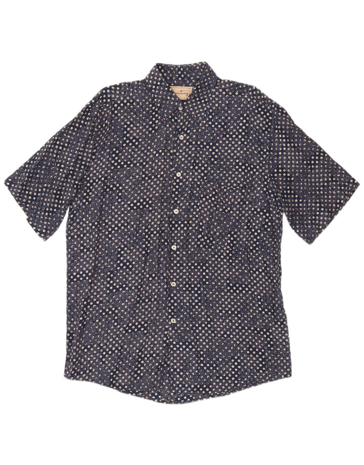 SPINNING Mens Short Sleeve Shirt Large Navy Blue Geometric Viscose