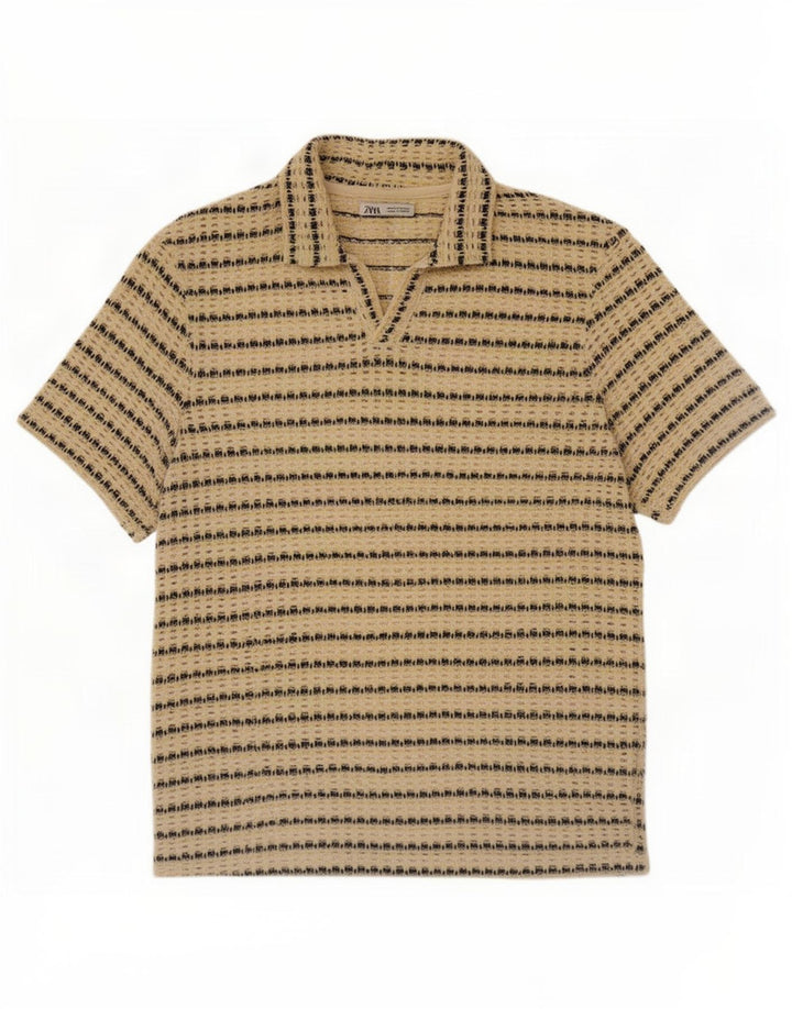 Zara Herre Se Through Polo Shirt Medium Gul Stribet Bomuld