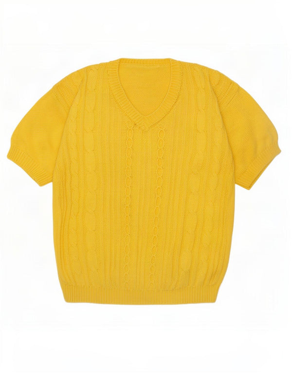 Vintage Dame Kortærmet V-hals Jumper Sweater UK 14 Medium Gul