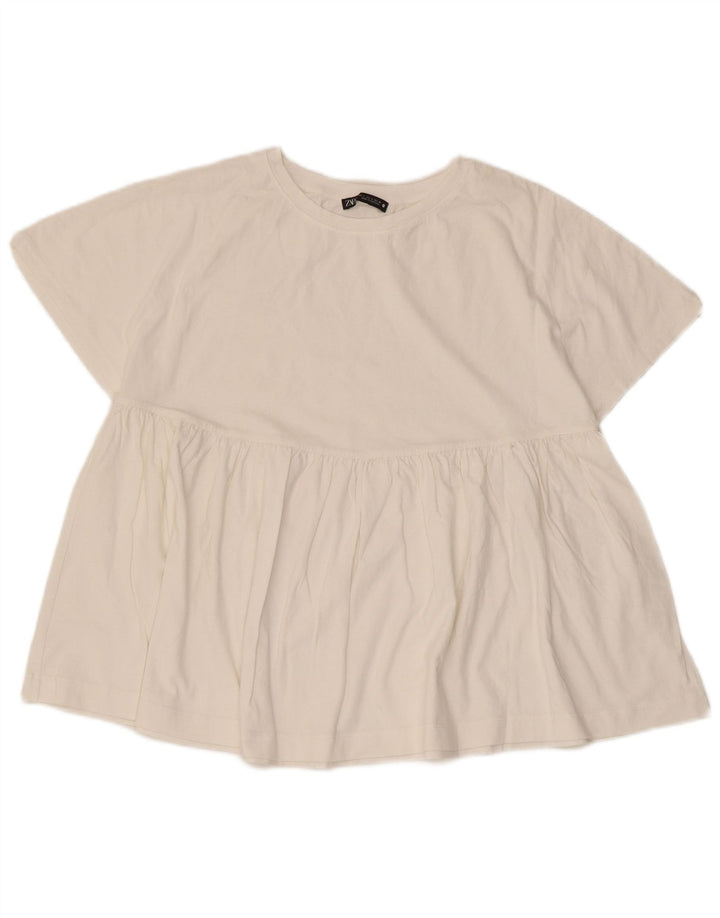Zara Dame Oversized Bluse Top UK 10 Small White Bomuld