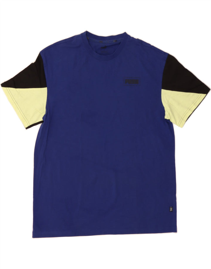 PUMA Mens T-Shirt Top Medium Blue Colourblock Cotton Vintage Puma and Second-Hand Puma from Messina Hembry 