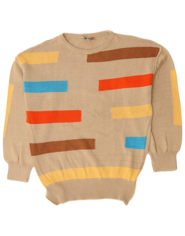 Vintage Dame Boat Neck Jumper Sweater IT 50 XL Beige Colourblock Bomuld