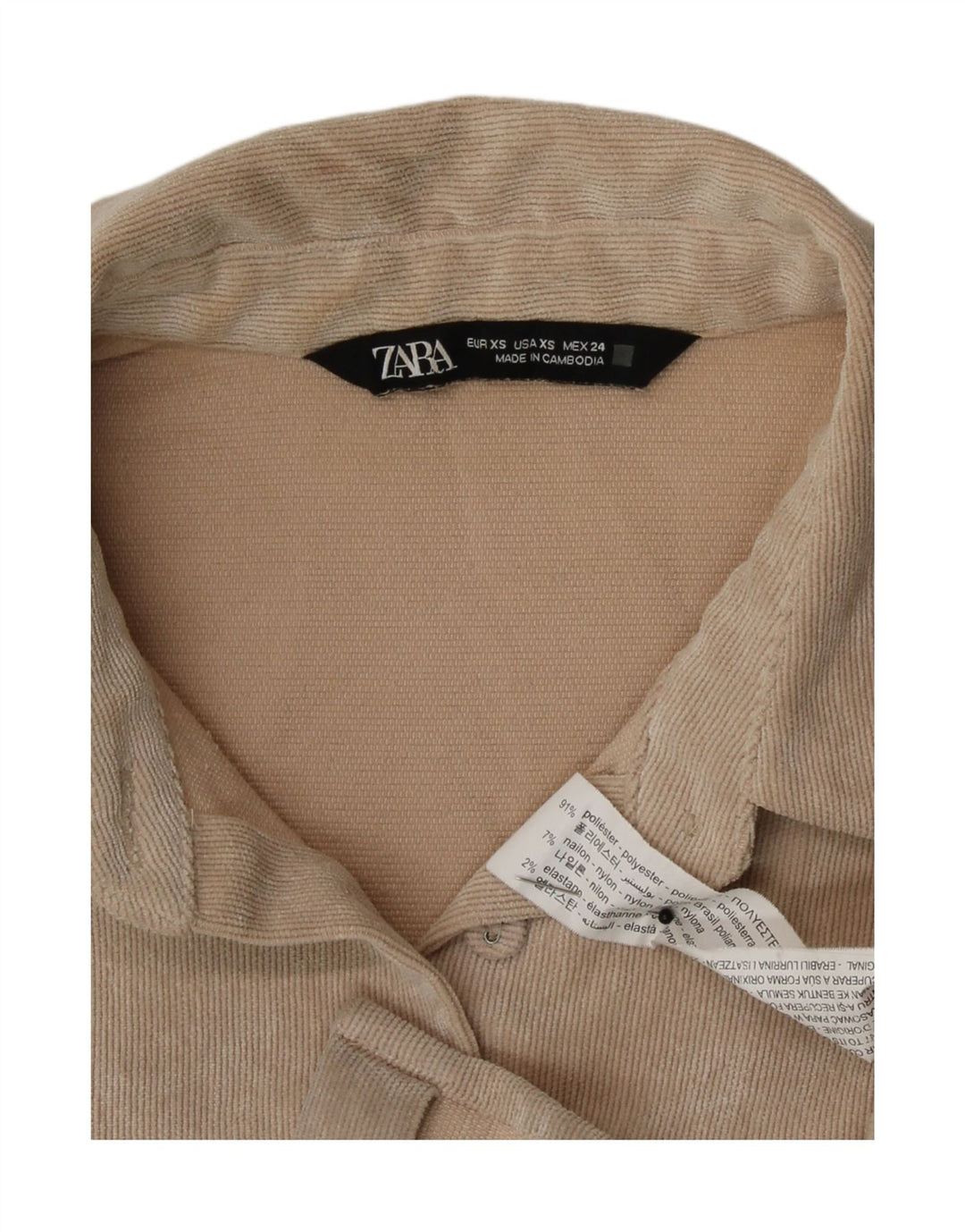 Zara Dame Oversized Corduroy Skjorte UK 6 XS Beige Polyester