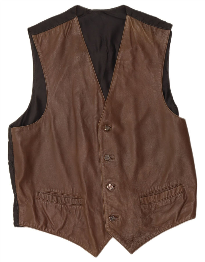 VINTAGE Mens Leather Waistcoat Medium Brown Leather